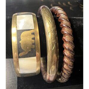 Set of 3 bangles natural wood brass Mother of Pearl Elephants bohemian festival